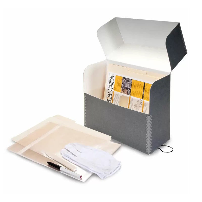 Lineco, Archival Document Case Kit, 12.5 x 10.5 x 5 Inch, Preserve Papers and Artworks, Includes Gloves, Bone Folder, pH Testing Pen, 10 Photo Bags, 12 Acid-Free File Folders, Gray - Image 1